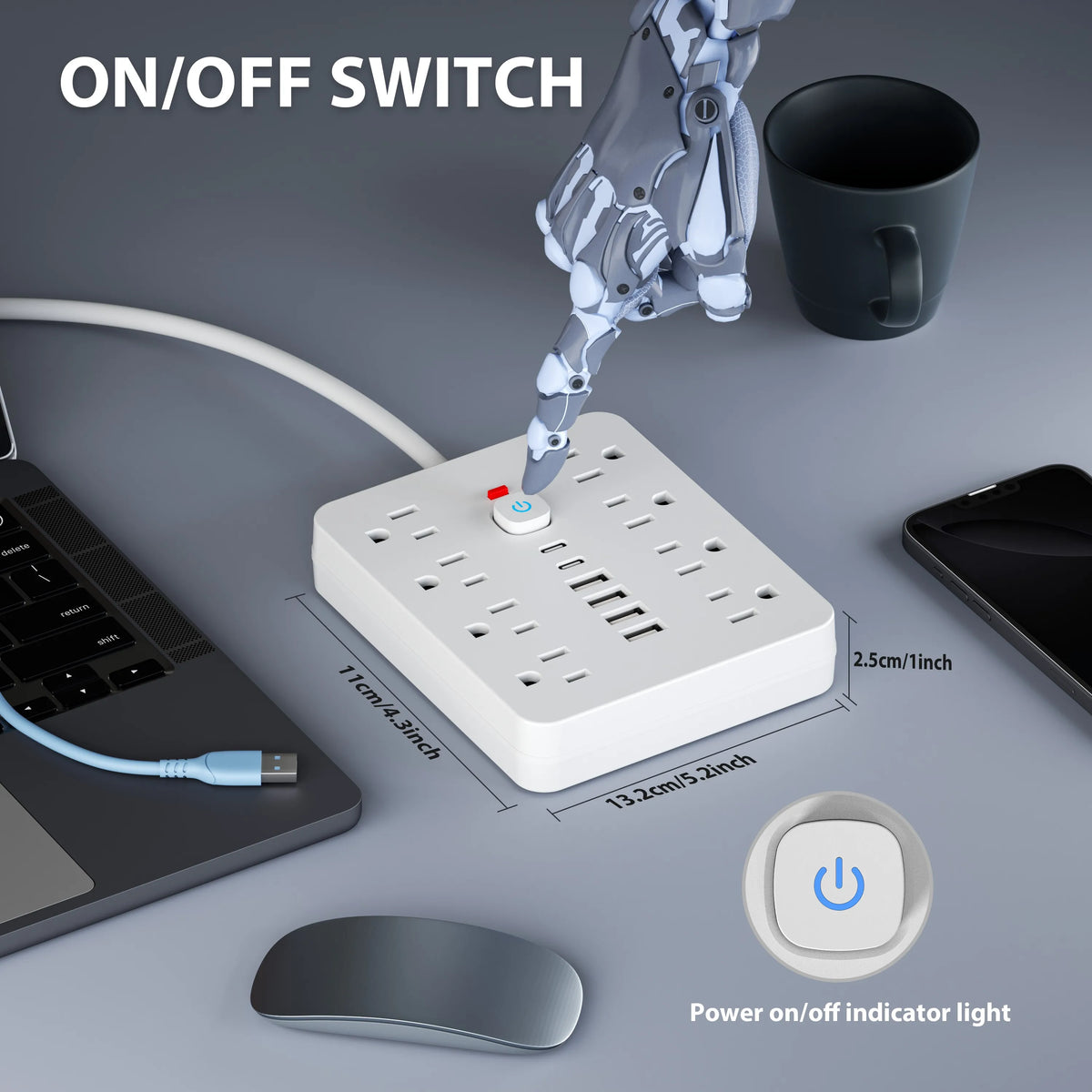 A white power strip with multiple outlets and USB ports is shown next to a laptop, a mouse, and a smartphone.