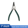 A pair of black precision carbon steel circlip pliers with a 7 inch length and single section outside bend.