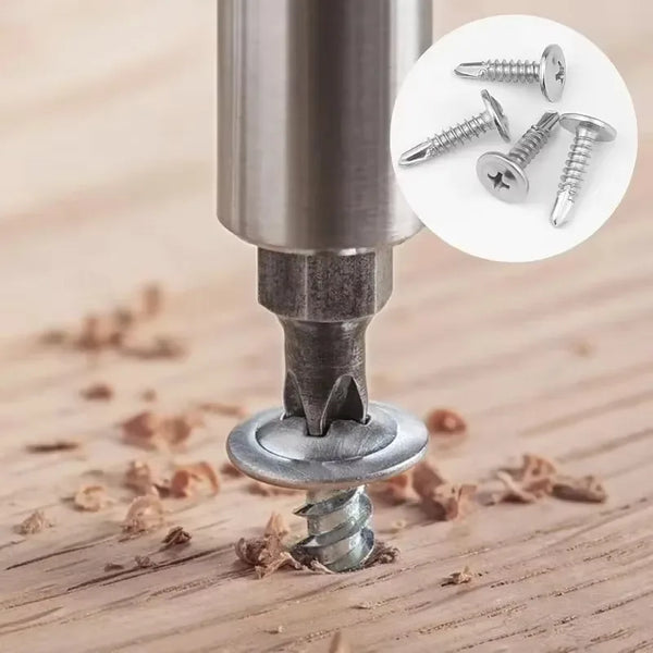 Close-up of a metal tool pressing a sheet metal screw into wood, with several similar screws shown nearby.