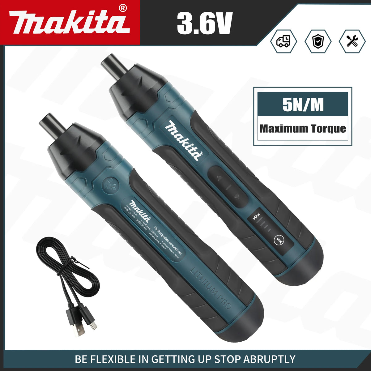 Makita 3.6V Lithium Pro cordless electric screwdriver with battery and charger cable