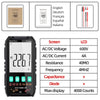 A black digital multimeter with an LCD screen and various language options is shown alongside technical specifications.