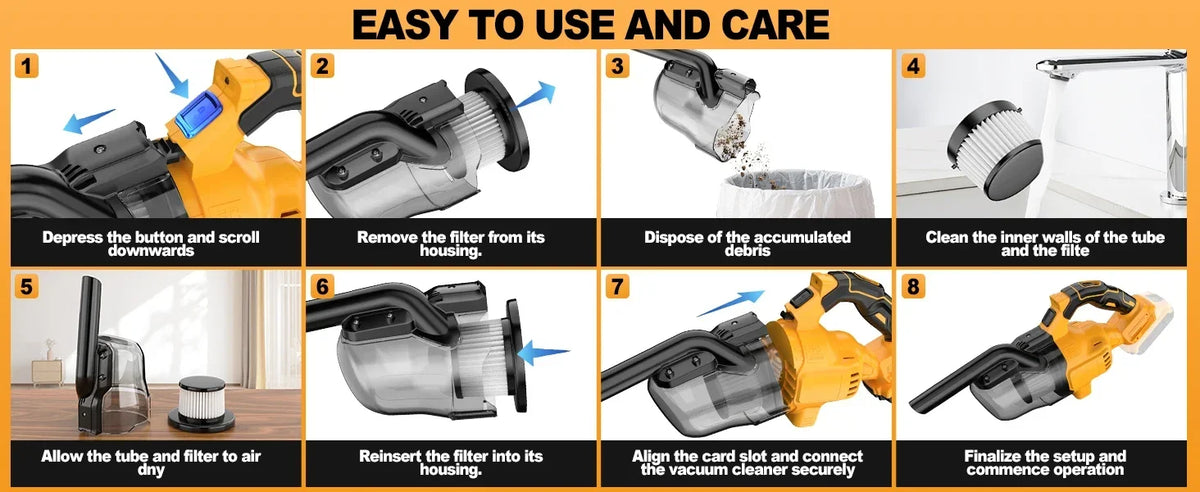 Eight steps showing how to use and care for a cordless handheld vacuum cleaner