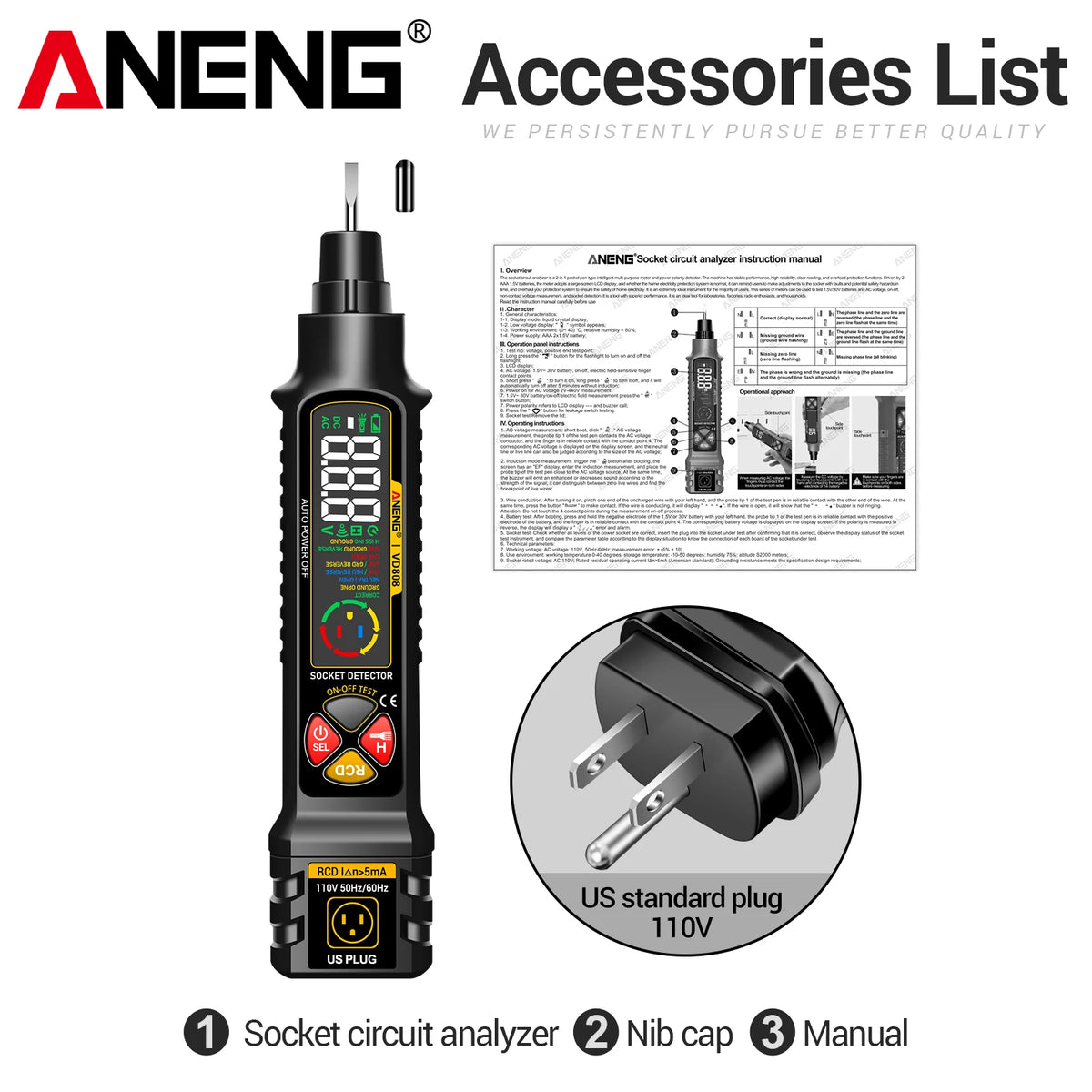 Aneng Accessories List showing a black socket circuit analyzer, a nib cap, and a manual.