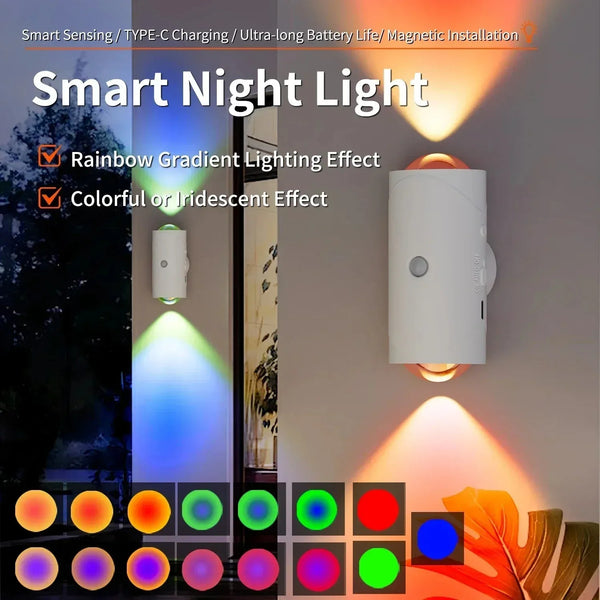 A smart night light fixture showing various rainbow gradient and iridescent lighting effects.