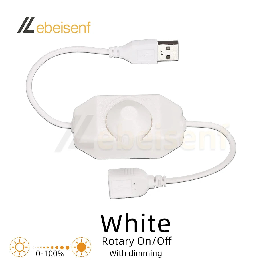 White USB to DC LED controller cable with a rotary on/off switch and dimming feature