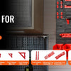 Contenedores de almacenamiento montados en la pared de color rojo organizados con diversas herramientas y accesorios para fác