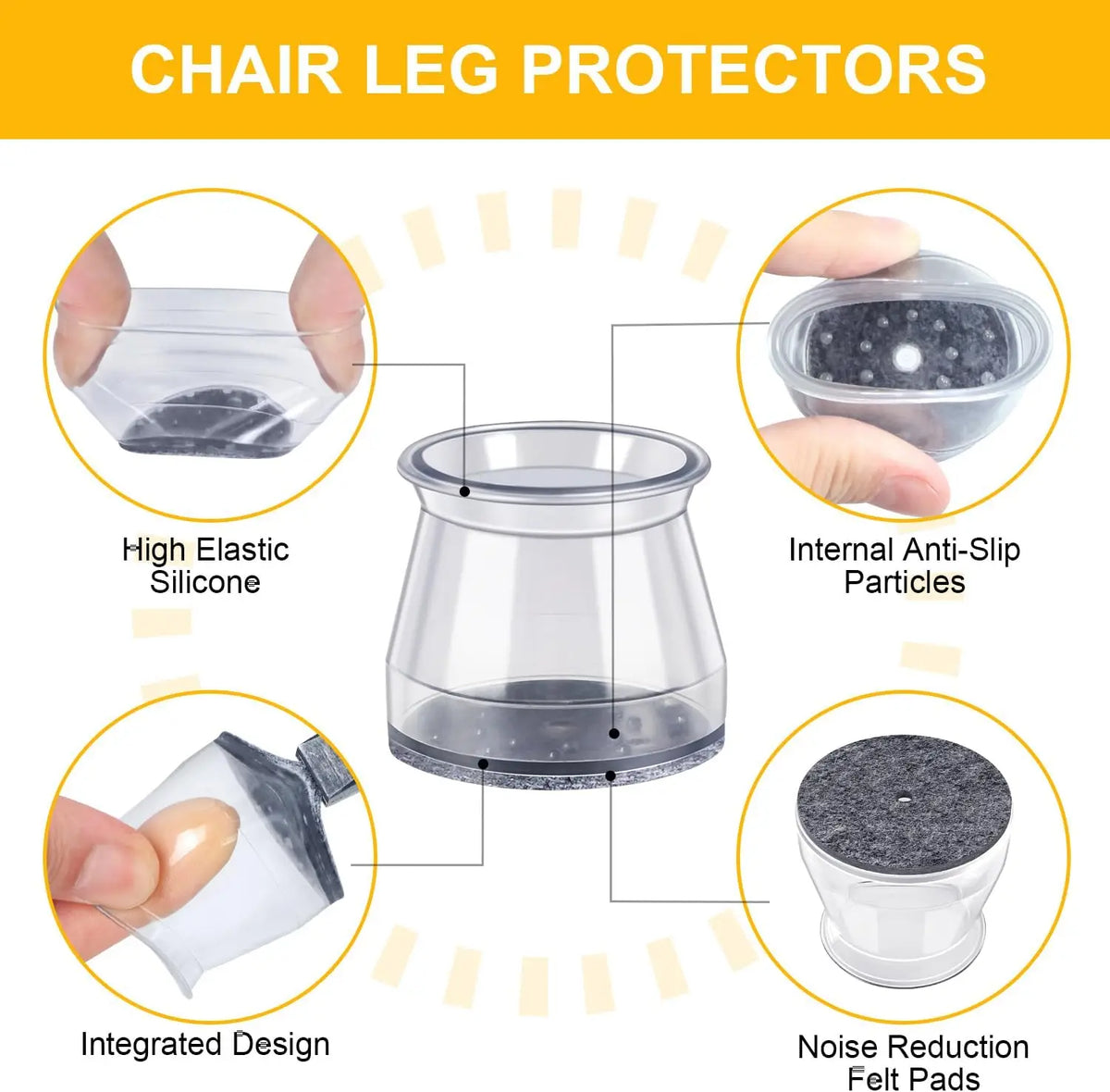 Various chair leg protectors including silicone pads, internal anti-slip particles, integrated designs, and noise reduction f