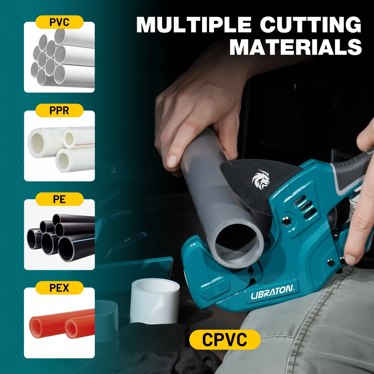 A hand is using a blue pipe cutter tool to cut and deburr various plastic materials including PVC, PPR, PE, and PEX pipes.