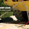 A clevis hook tie-down chain is shown attached to a yellow vehicle, compatible with 3/8 in 10 mm ratchet binders.