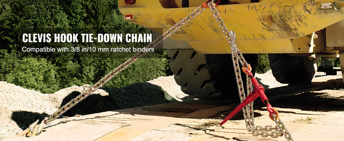A clevis hook tie-down chain is shown attached to a yellow vehicle, compatible with 3/8 in 10 mm ratchet binders.