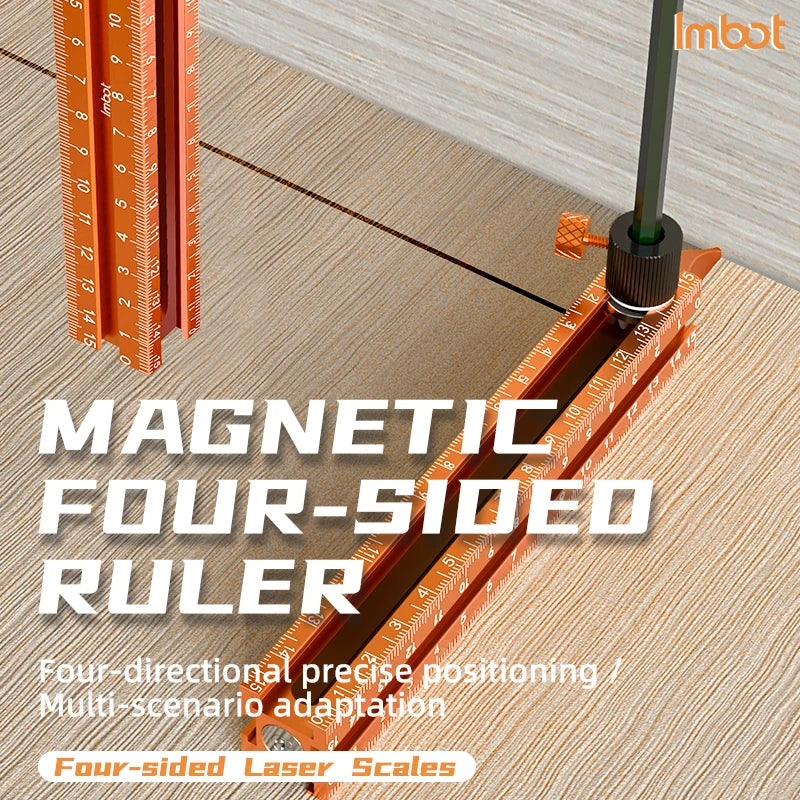 A close-up of an orange magnetic four-sided ruler being used to mark a wooden surface with a metal rod.