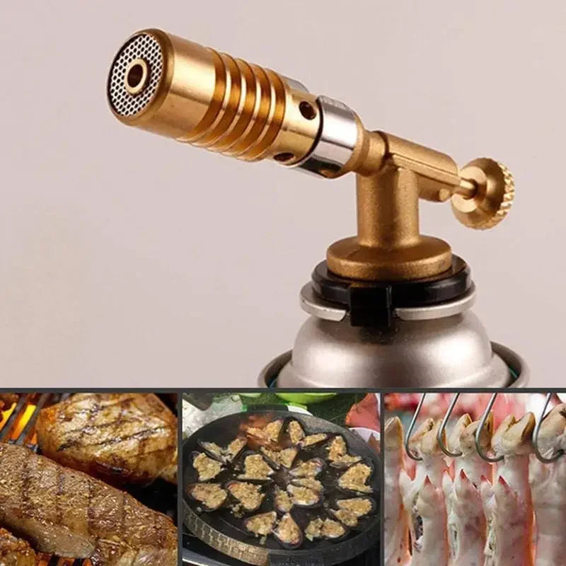 A professional gas torch used for brazing and soldering, featuring a brass body and a metal nozzle.
