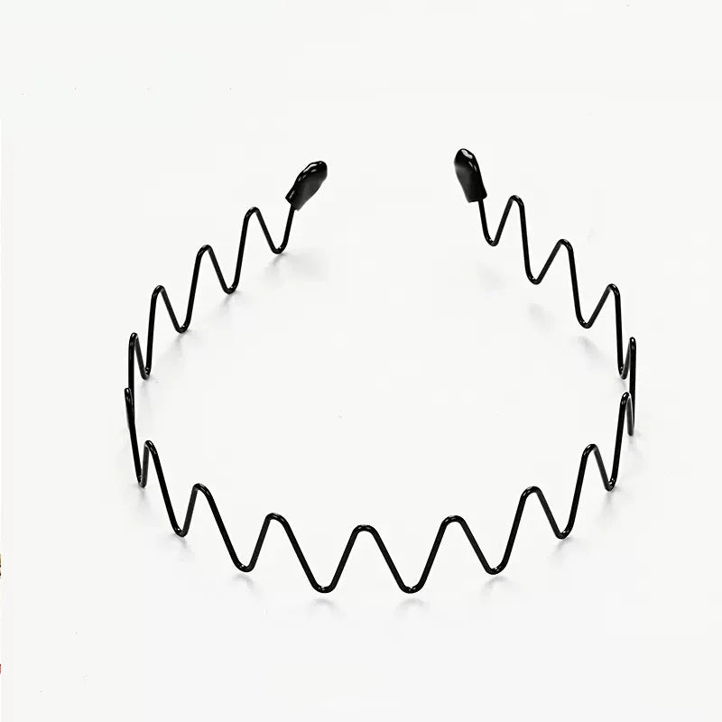 A black metal elastic headband with wavy design, shown against a white background.