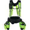 A bright lime green tool belt with black straps and suspension for crafts and construction tools.