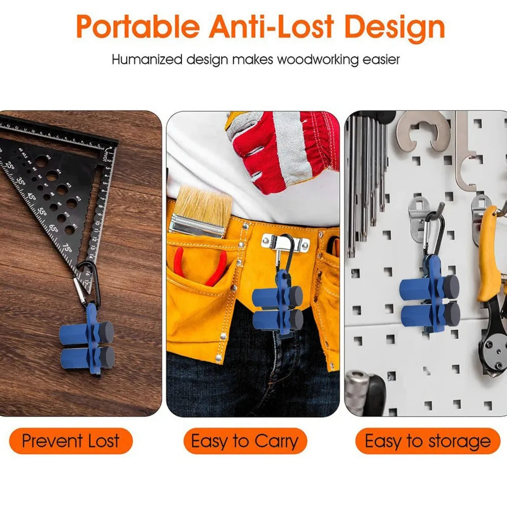 Portable anti-lost design of an aluminum alloy stair gauge with thumb screws shown in various contexts.