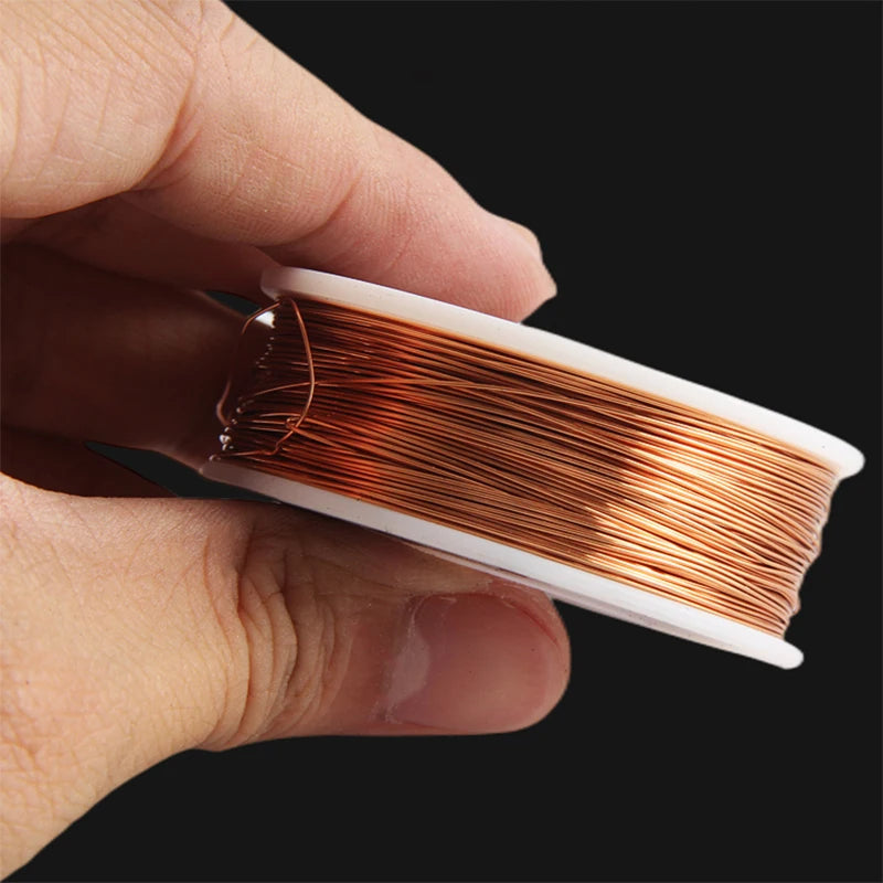A hand holds a spool of high-conductivity bare copper wire with a white plastic casing.