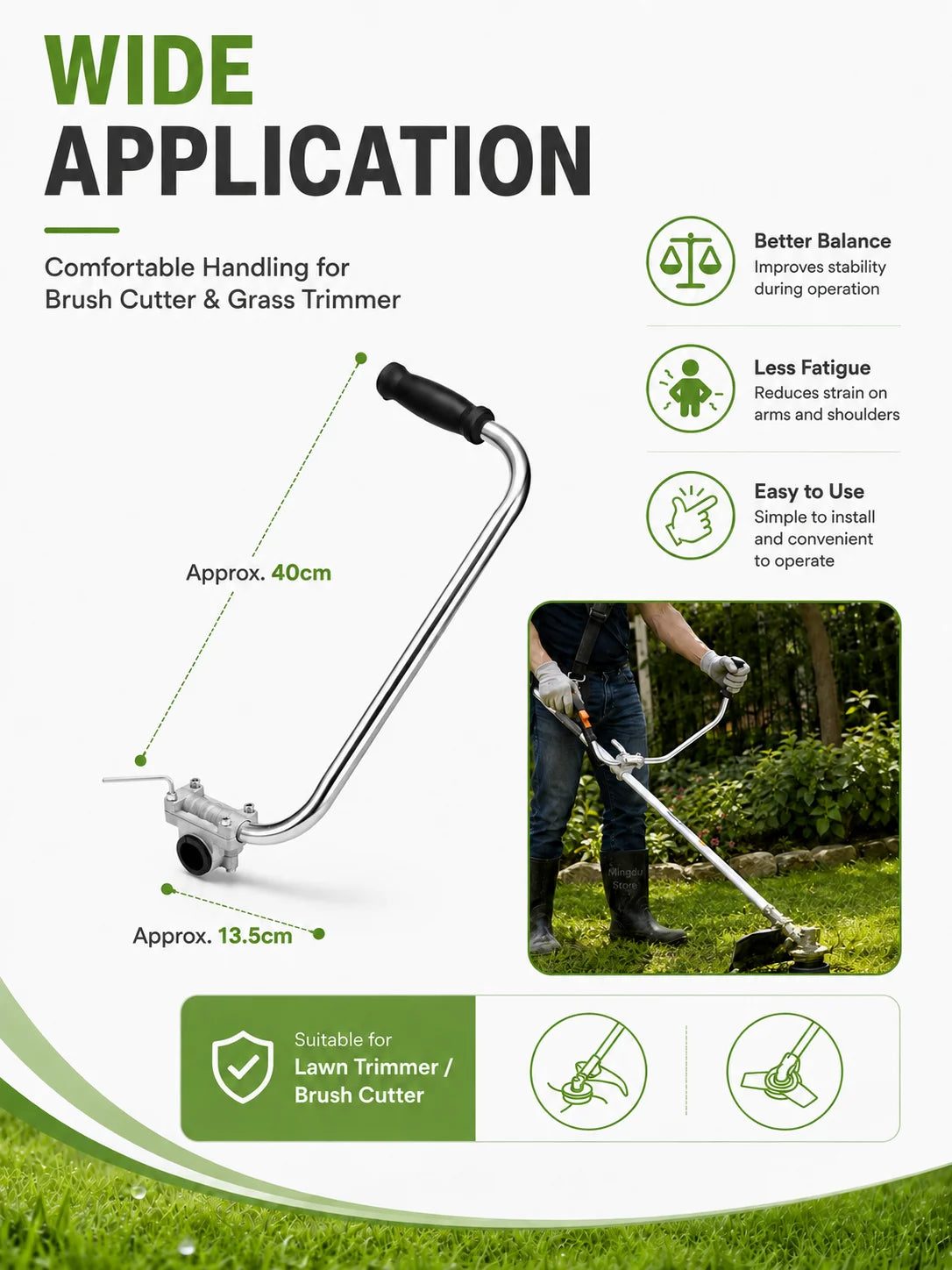 Ergonomic auxiliary handle for a brush cutter or grass trimmer, shown with dimensions and usage context.