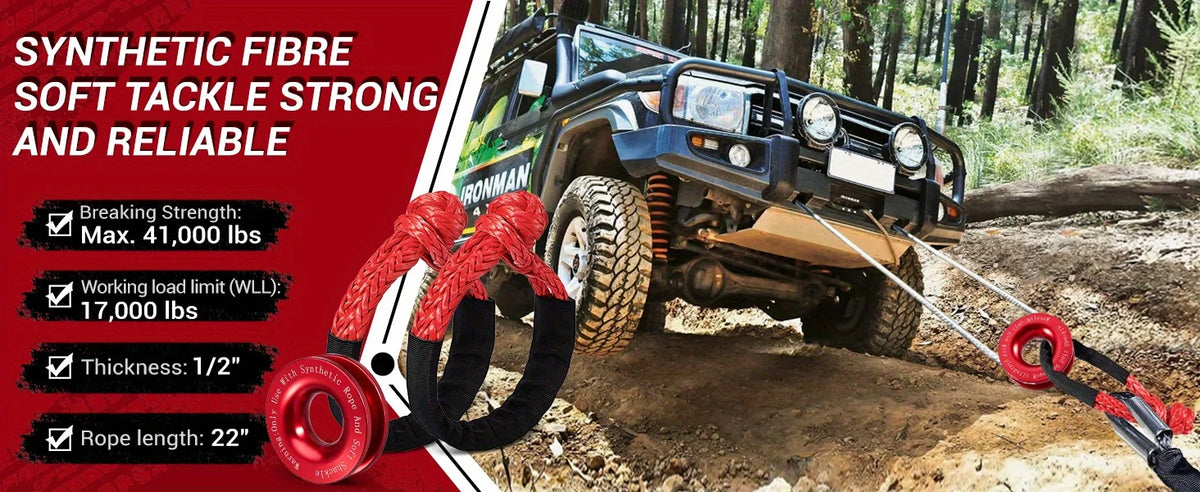 A red synthetic fibre winch rope is shown attached to a blue Jeep and a recovery shackle.