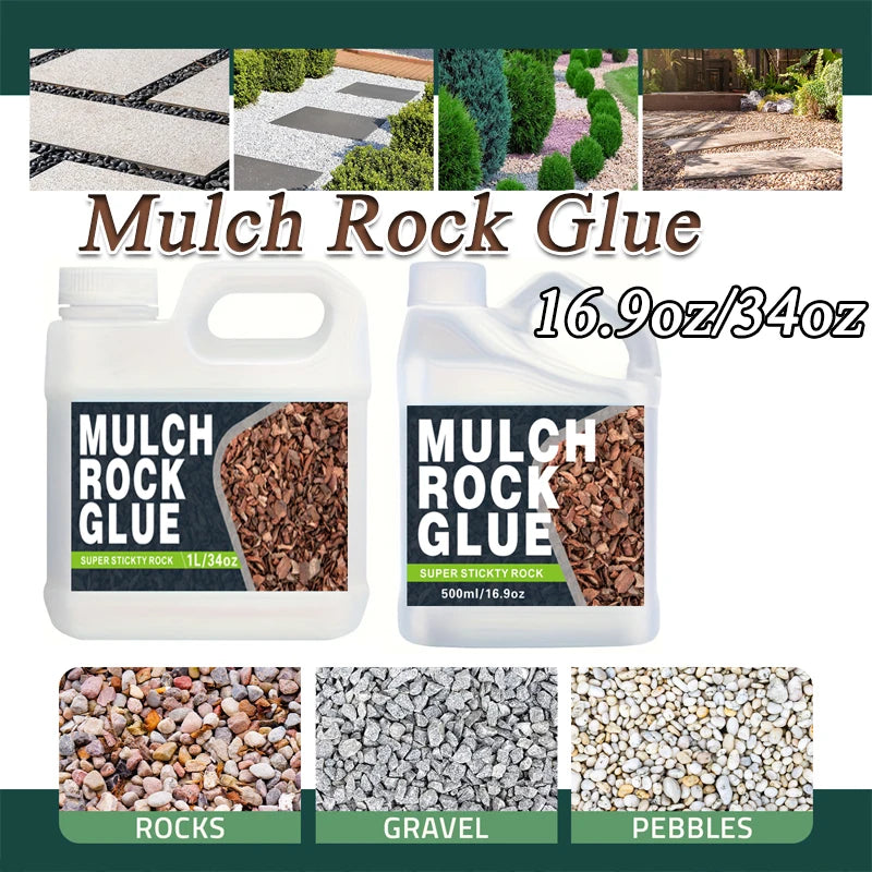 A collection of mulch rock glue products and landscape materials including rocks, gravel, and pebbles.