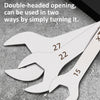 A silver double-headed opening wrench set showing different sizes marked on the tools.