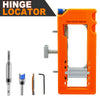An orange hinge locator tool showing various components used for door hinge installation.