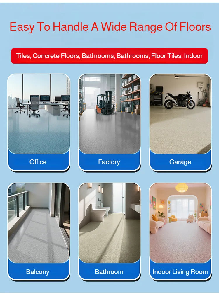 Various indoor and outdoor flooring applications including office, factory, garage, balcony, bathroom, and living room