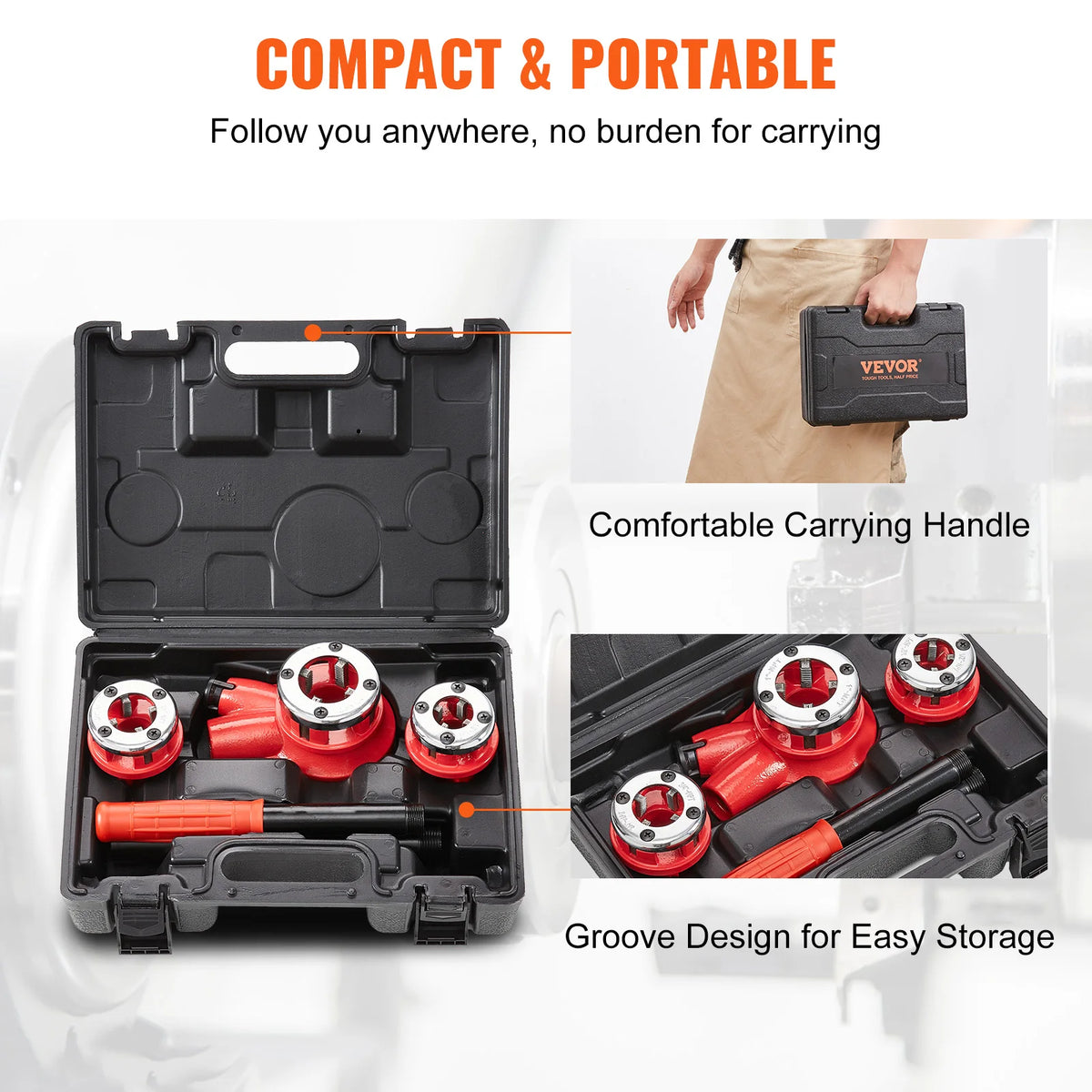 Compact and portable kit for pipe threaders featuring a carrying handle and groove design for easy storage
