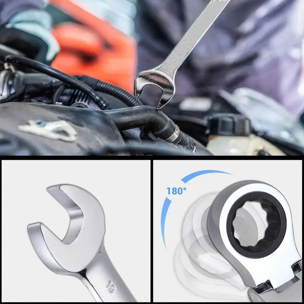 Close-up view of a silver precision reversible ratchet wrench set with various sizes and components.