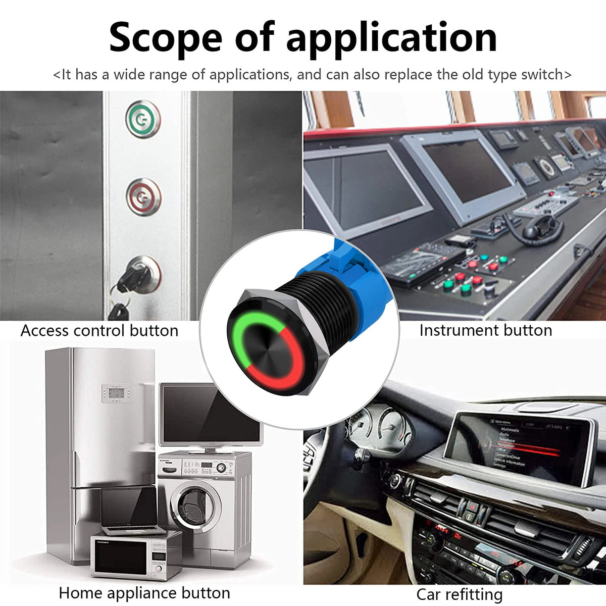 Image showing various applications of a durable LED push button switch including access control, instrument buttons, home app