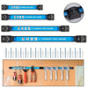 A set of magnetic tool holders and various hand tools displayed on a wooden surface.