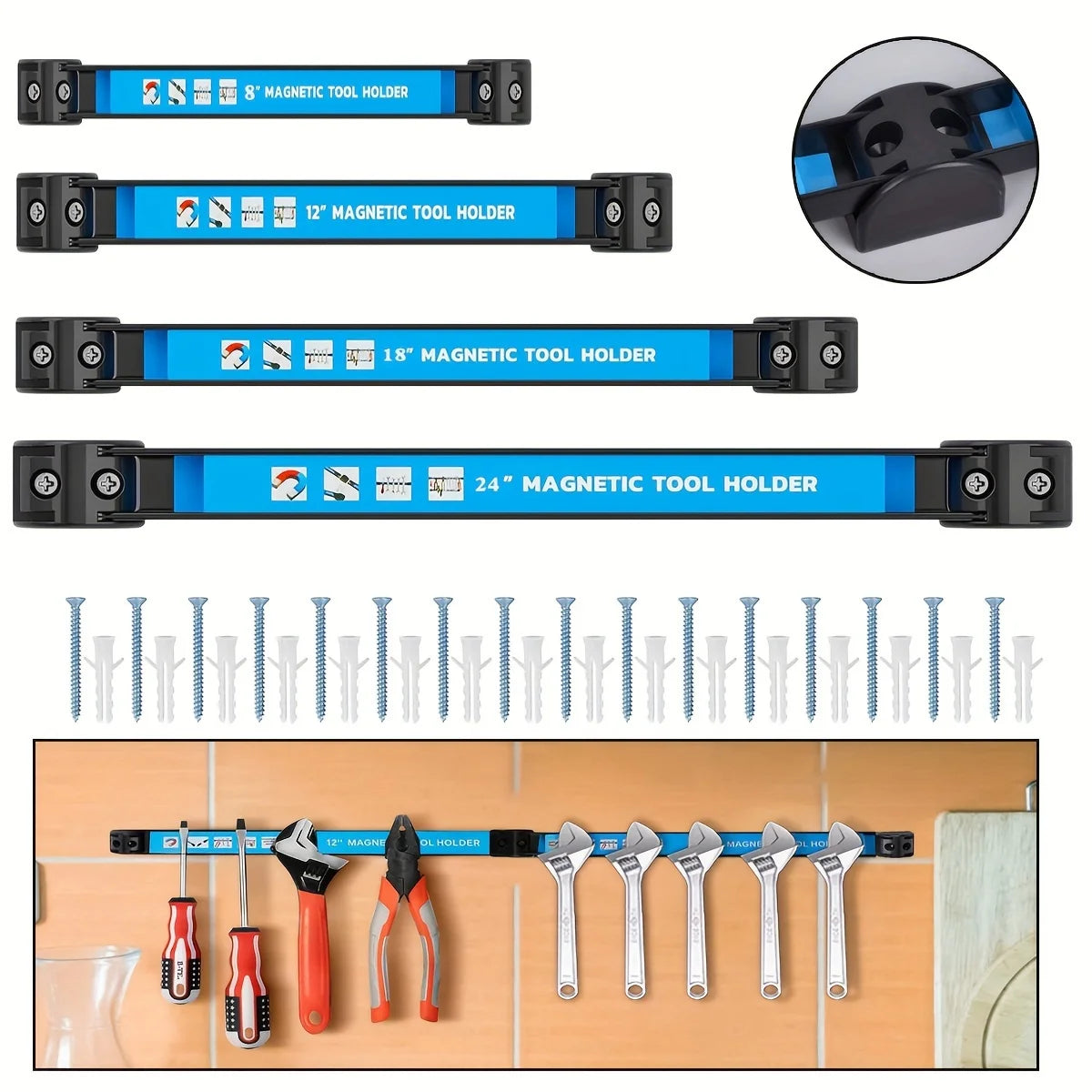 A set of magnetic tool holders and various hand tools displayed on a wooden surface.