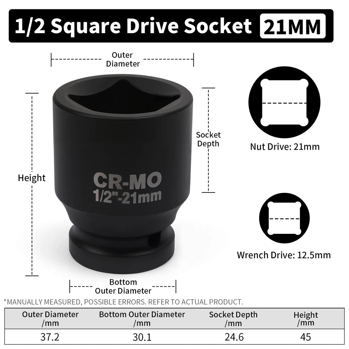 A black 1/2 square drive socket with a 21mm drive size and various dimensions shown.