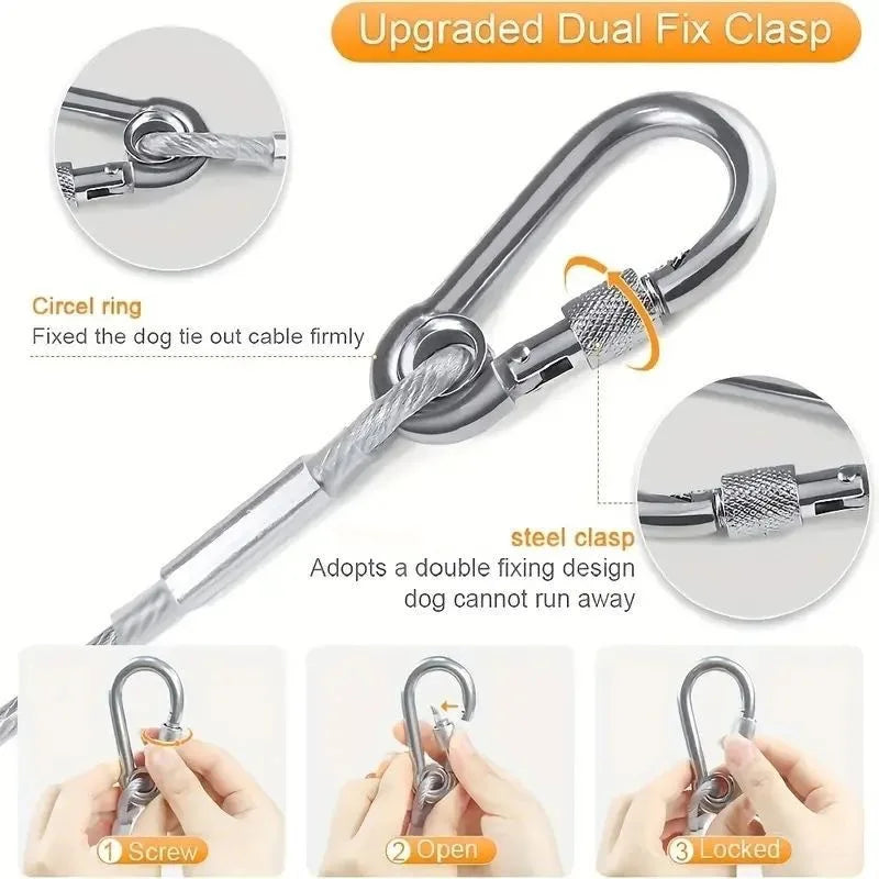 Stainless steel dual fix clasp for dog leashes and clotheslines shown in various usage contexts