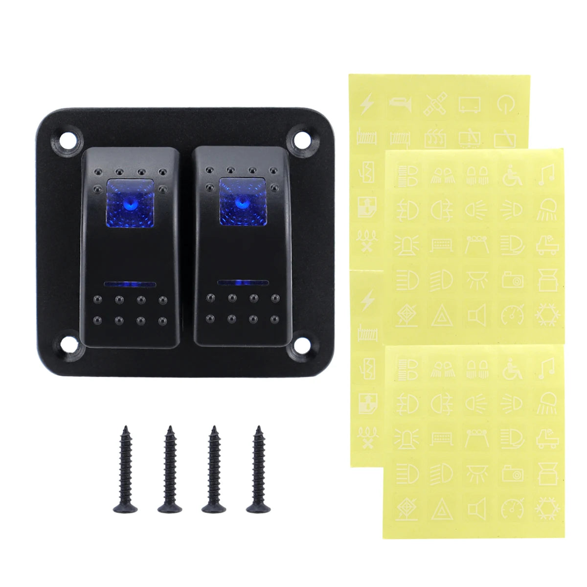 Black multi-group rocker switch panel with four light clusters and three mounting screws.