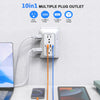 A white 10-in-1 multiple plug outlet with 6 AC outlets, 2 USB-C ports, 2 USB-A ports, and a side design connected to a laptop