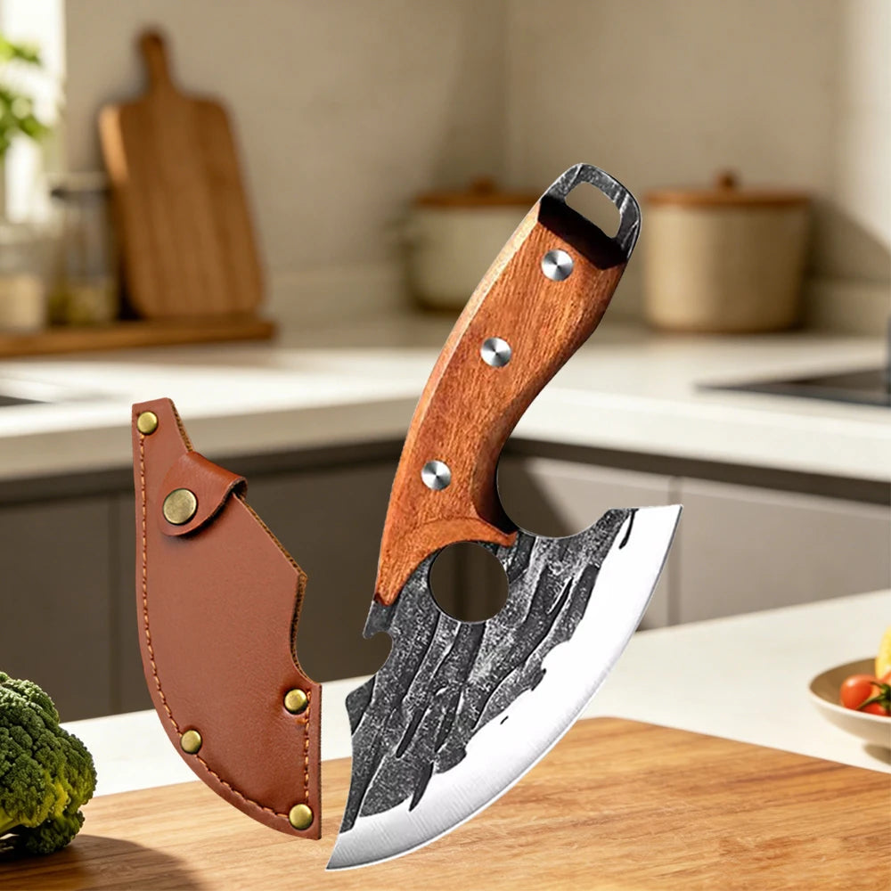 A forged stainless steel boning knife with a wooden handle and bottle opener resting on a wooden cutting board.