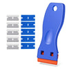 A blue multi-surface plastic razor blade scraper with multiple blades and a handle.