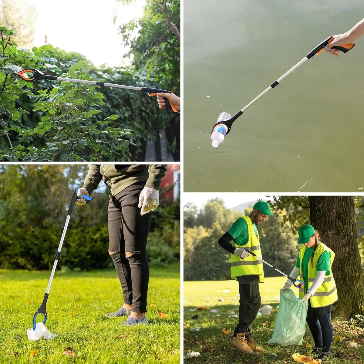 A person uses a foldable magnetic reacher tool to pick up debris from foliage and grass.
