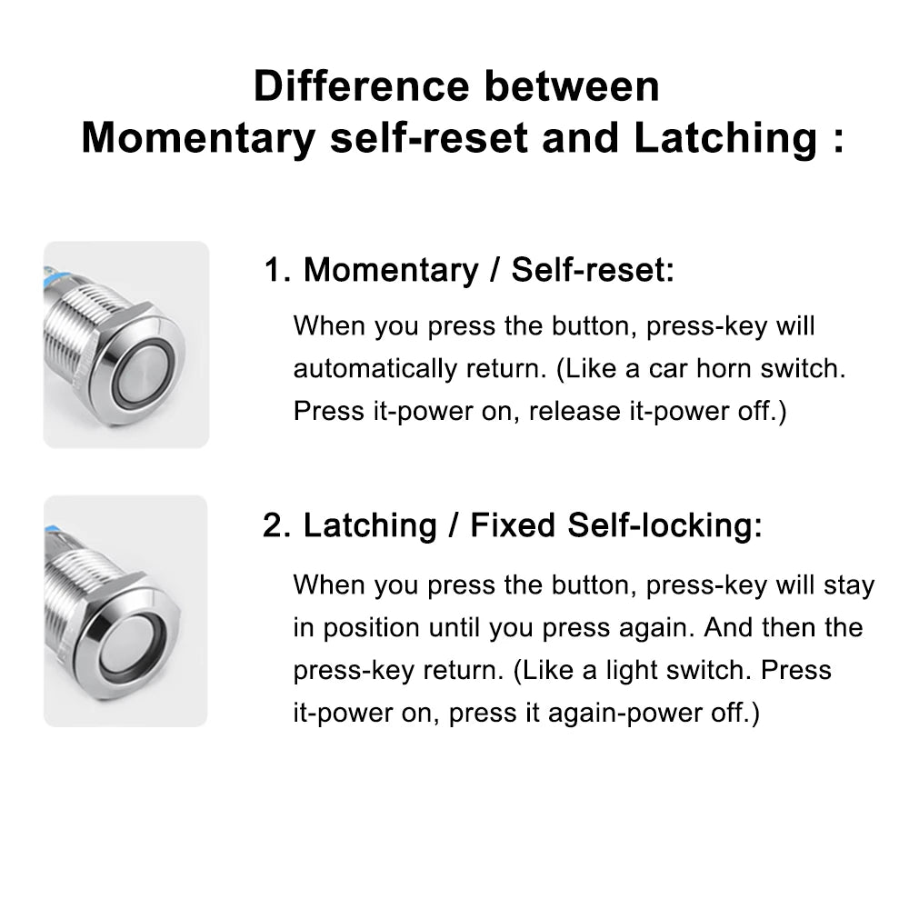 Comparison of momentary self-reset and latching push-button switches for automotive and marine use.
