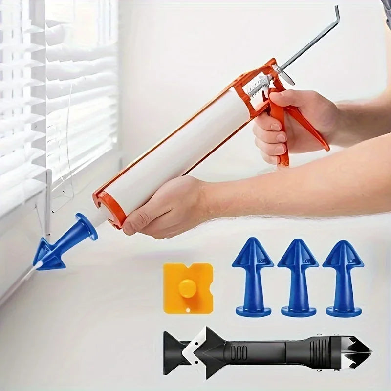 A hand is using an orange precision caulking tool to apply sealant, with various tips and a black caulking gun visible below.