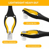 A yellow and black foldable magnetic reacher tool demonstrating methods for picking up and retrieving items.