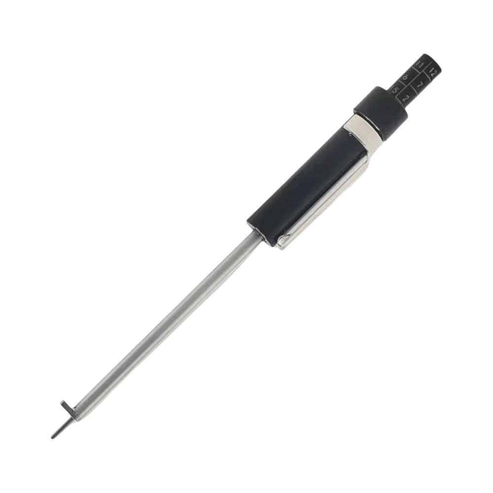 A long, slender brake pad thickness gauge with a clear measuring rod and a black handle.