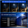 A solar street light device showing multiple brightness adjustments and timing settings in a nighttime outdoor context.