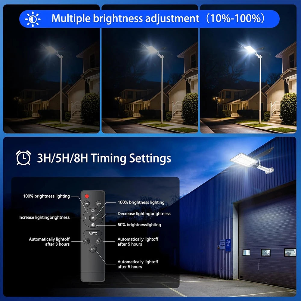A solar street light device showing multiple brightness adjustments and timing settings in a nighttime outdoor context.