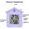 Termómetro digital y higrómetro morado compacto con ventilación, pantalla de temperatura, pantalla de humedad y tecla de conm