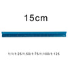 A blue aluminum triangular ruler marked with measurements, showing a 15cm scale.