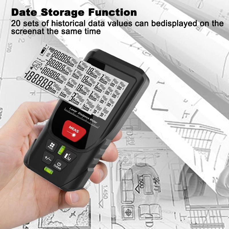 A hand holds a black laser distance meter tool displaying historical data on a technical blueprint background.