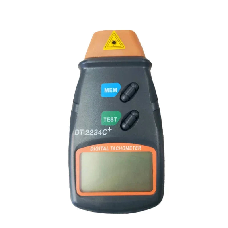 A gray digital tachometer device with an orange top and a yellow warning triangle.
