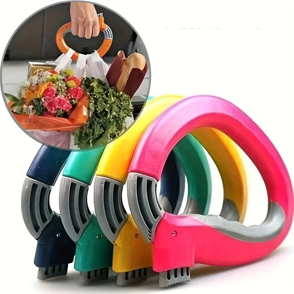 A pink ergonomic grocery bag carrier with multiple gripping arms is shown against a white background.