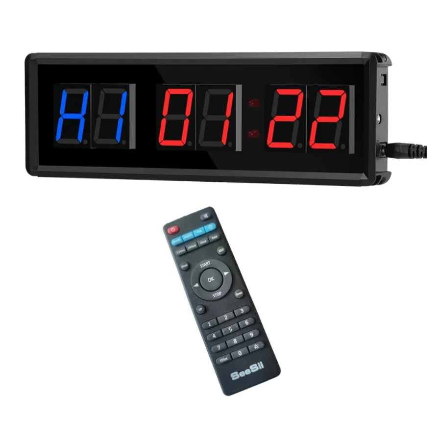 شاشة مؤقت تدريب تفاعلي رقمي أسود LED تعرض 88:08:22 مع جهاز تحكم مصاحب.